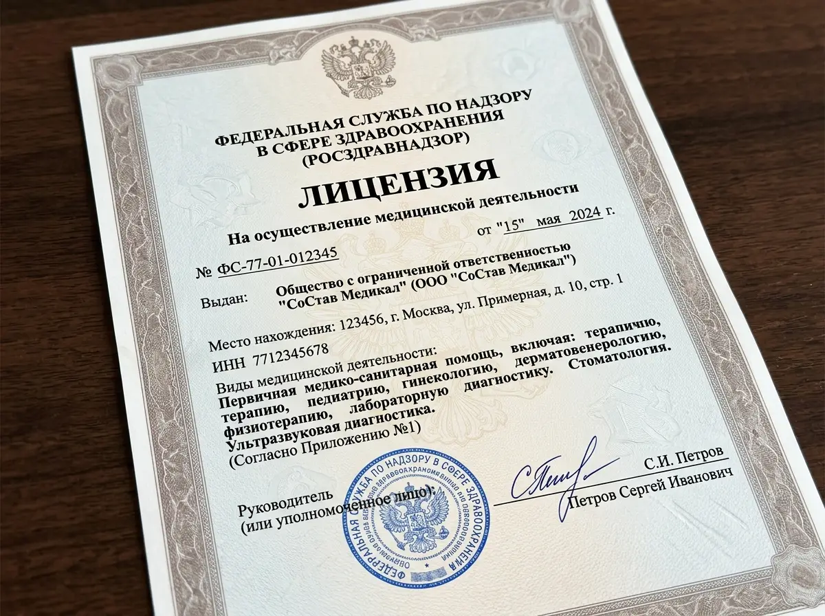 Лицензия Росздравнадзора на медицинскую деятельность клиники СоСтав Медикал, официальный документ с печатями и подписями